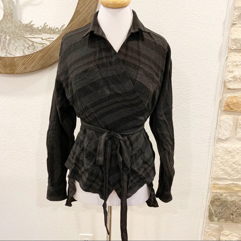 Theory Unique Striped Wrap Top Tunic Gray Brown Medium